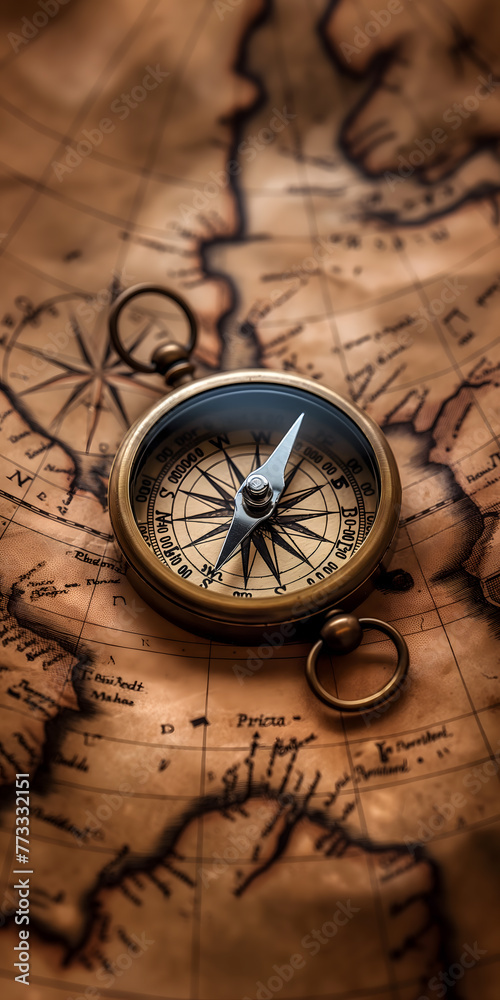 Antique Compass on Weathered Map Background for Navigational Concepts