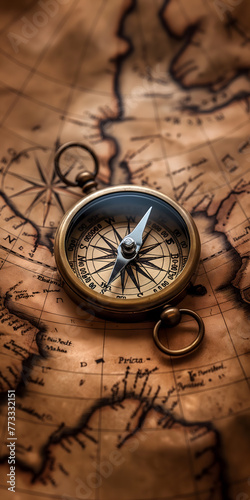 Antique Compass on Weathered Map Background for Navigational Concepts