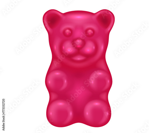 Pink gummy bear 3d realistic vector illustration. Chewing vitamin jelly candy creative design. Fruit tasted object on white background