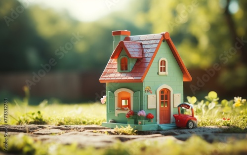 A tiny toy car sits parked in front of a small, charming house