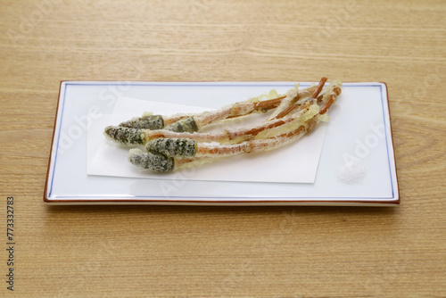 Tsukushi ( fertile shoots of field horsetail ) tempura, Japanese wild vegetable dish