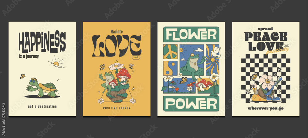 Fototapeta premium groovy hippie 60s, 70s posters with retro cartoon characters like frogs, turtles, and others, vector illustration