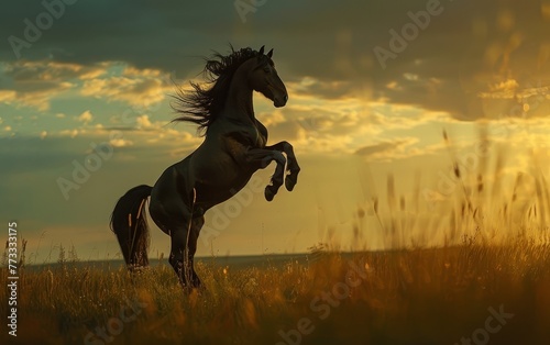 A horse gallops freely, its spirited form caught in the warm glow of the setting sun amidst a field shining with golden light. © Valentyna