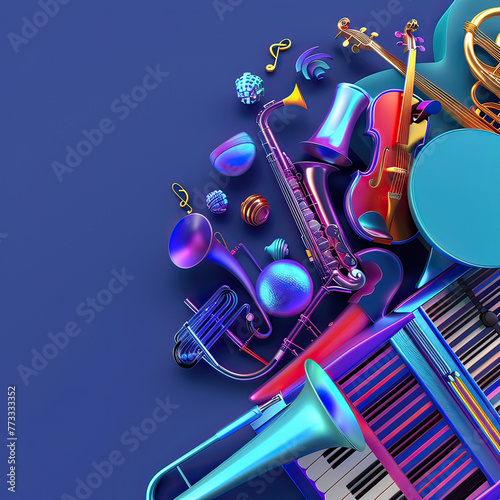 3D musical instruments for school band, symphony of learning, vibrant space for text