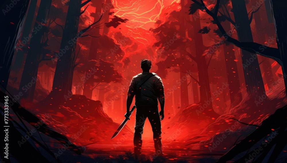 A man holding axes looking at the red light deep in the forest, digital art style, illustration painting A man holding axes looking at the red light deep in the forest, digital art style, illustration painting