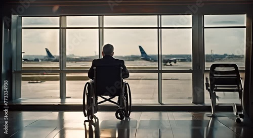 Person in a wheelchair at the airport. Accessibility for people with reduced mobility. photo
