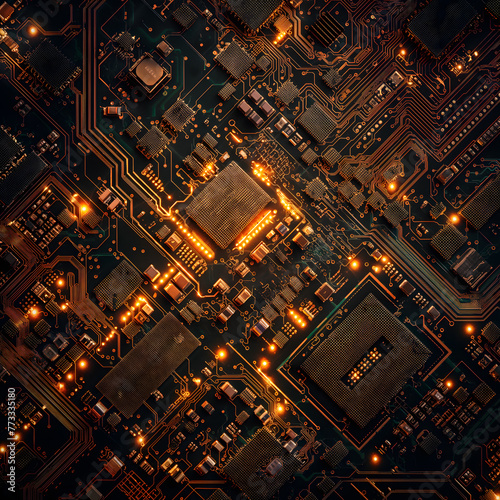 Intricate Electronic Metropolis: A Circuit Board Cityscape at Night © slonme