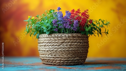   A close-up of a plant in a basket on a table against a yellow wall