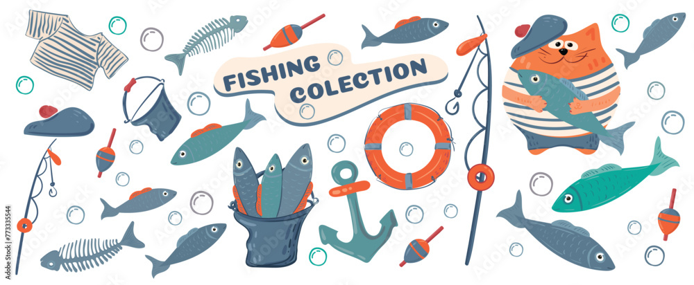 Fisherman's set collection. Fish, cat with fish, fishing rod, bucket with fish, anchor, bubbles, lifebuoy, float. Vector image.