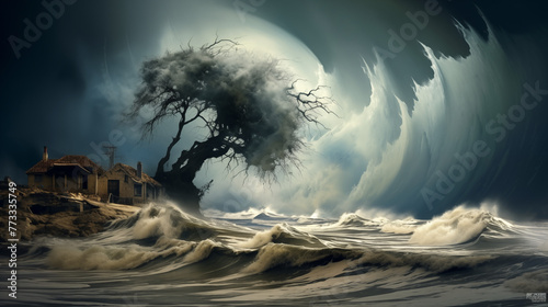 Waves crash against avulnerable coastline, their relentless force eroding the land. Therising sea level encroaches, swallowing homes and memories. Asolitary tree stands as a witness to thedisplacement photo