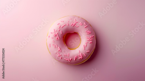Delicious Pink Iced Doughnut with Colorful Sprinkles on a Pink Background