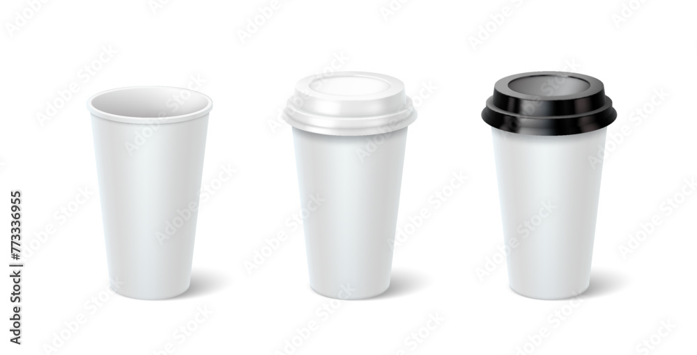 Disposal cups with copy space 3d realistic vector illustration set. Hot drinks mugs design template. Take away service on white background Disposal cups with copy space 3d realistic vector illustration set. Hot drinks mugs design template. Take away service on white background