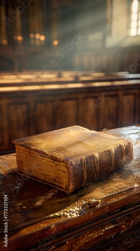 Illustration of old closed book bound in leather on an oak podium. Closed Bible with yellowed pages in a setting that evokes veneration for knowledge.