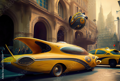 Futuristic yellow taxi among big cities and skyscrapers. Transportation and Innovation technology concept. Generative AI © World