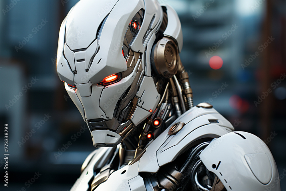 3d rendering humanoid robot or cyborg with red light on head 3d rendering humanoid robot or cyborg with red light on head