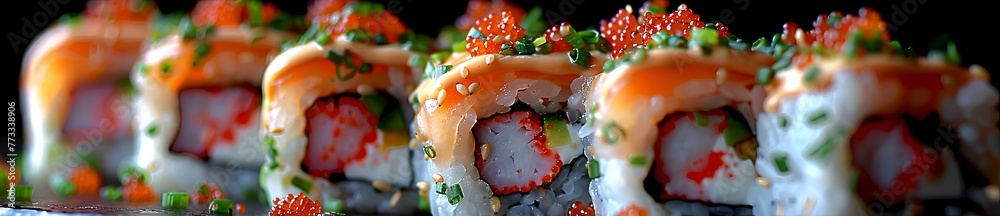sushi roll food cuisine, in the style of black background, photo-realistic compositions. Generative AI sushi roll food cuisine, in the style of black background, photo-realistic compositions. Generative AI