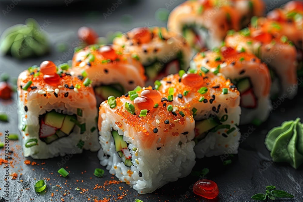 sushi rolls on a black background, light gray. Generative AI sushi rolls on a black background, light gray. Generative AI