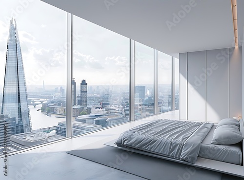 Modern bedroom with a large bed and floor-to-ceiling window overlooking the London skyline, including the baseman tower in a white background, no furniture, no human figures, in the minimalist style