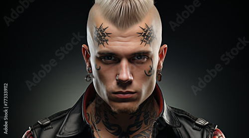 Le portrait d'un punk avec une coupe de cheveux Mohawk et des tatouages.