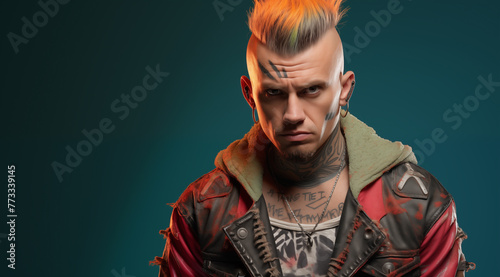 Le portrait d'un punk avec une coupe de cheveux Mohawk et des tatouages, image avec espace pour texte.
