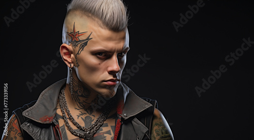 Le portrait d'un punk avec une coupe de cheveux Mohawk et des tatouages, image avec espace pour texte. photo