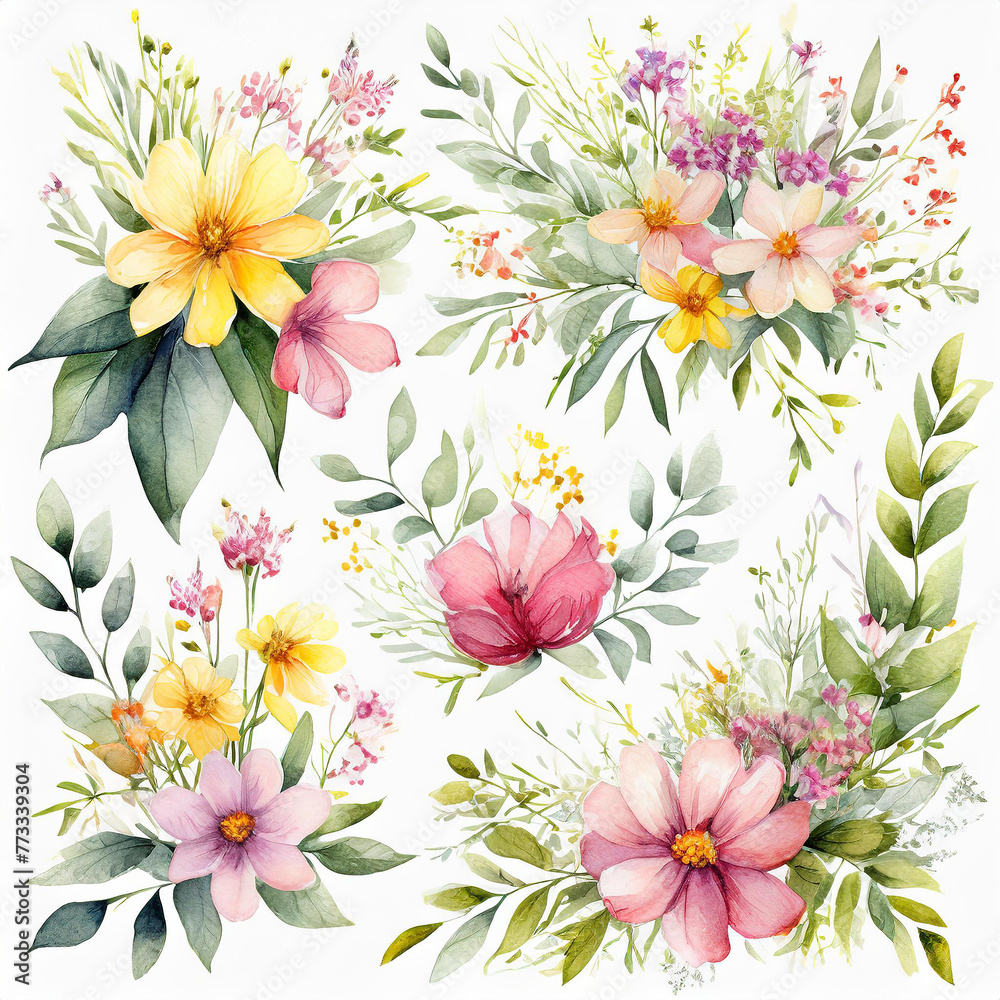 Set watercolor arrangements with garden flowers. bouquets with pink, yellow wildflower