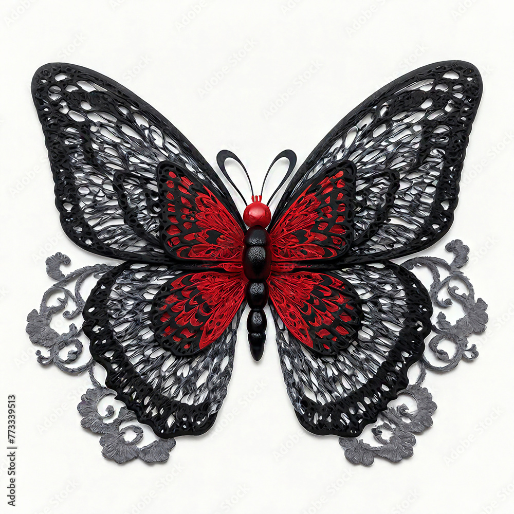 openwork lace red butterfly on a white background.