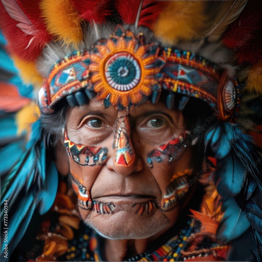 Portrait of an indigenous face with its typical ornaments