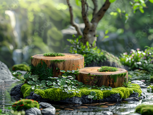 Wooden podium product display in greenery, leaves and flowers, over the nature background, eco product advertisement