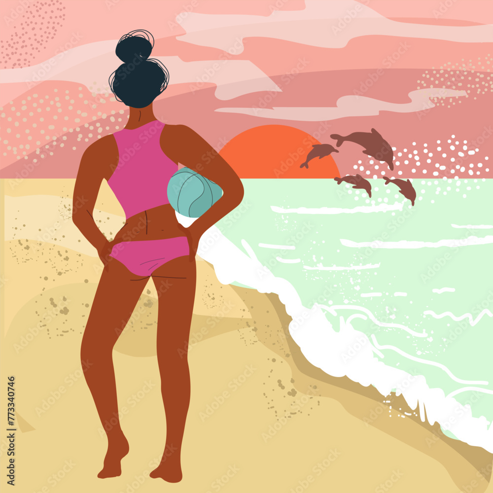 Happy black woman in bikini standing behind with ball, admiring the seascape. Young girl enjoying summer vacation, happy on the beach. Woman in swimsuit. Flat vector illustration isolated.