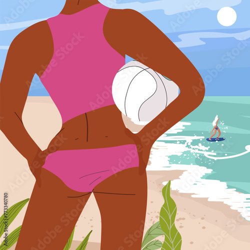 Happy black woman in bikini standing behind with ball, admiring the seascape. Young girl enjoying summer vacation, happy on the beach. Woman in swimsuit. Flat vector illustration isolated.