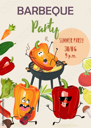 BBQ party poster template. Promotional flyer design with grill, barbecue and food. Vertical promotional card for summer barbecue picnic, festival. Funny vegetables.