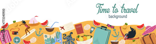 Banner with traveling and tourism elements. Colorful touristic objects like suitcase, map, surfer, diver  and place for text. Summer holiday background. Colored flat vector horizontal illustration. photo