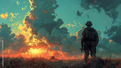 A soldier walks across the battlefield during a combat mission photo