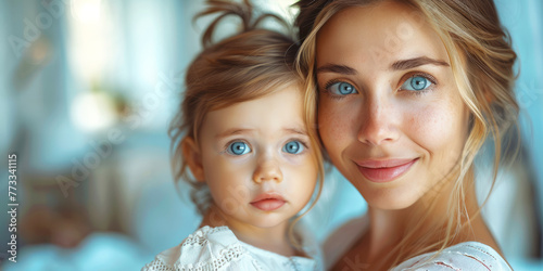 A woman is holding a baby girl with blue eyes. The woman has a smile on her face and the baby is looking up at her. Concept of warmth and love between the mother and daughter