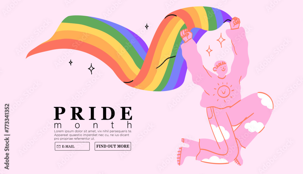 Cheerful character with rainbow lgbtq flag celebrate pride month or day vector flat illustration. LGBTQ support festival or event social media banner or post template, greeting card on pink background - obrazy, fototapety, plakaty 