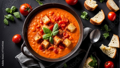 Creamy soup with mashed tomatoes and croutons