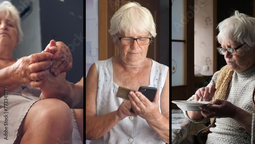 old woman massaging the soles of her feet.pensioner transfers money using smartphone, online shopping.elderly woman eats porridge.collage,multiscreen photo