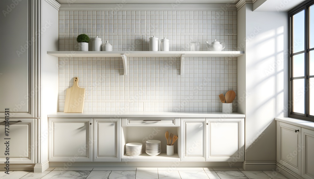 White Shelf Mounted On A Bright Kitchen Backsplash, Showcasing A Clean And Modern Design White Shelf Mounted On A Bright Kitchen Backsplash, Showcasing A Clean And Modern Design