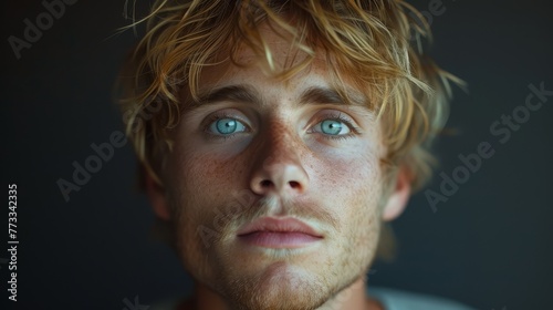  A young man with blue eyes and freckled hair gazes intently into the camera, wearing a serious expression