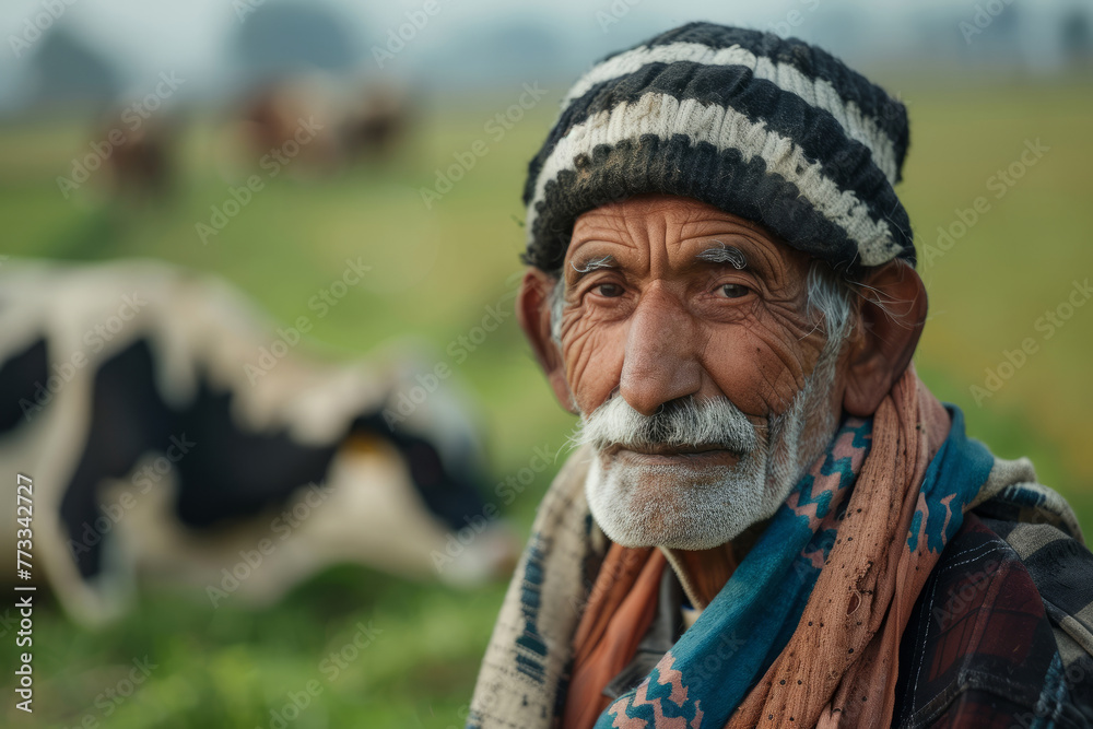 A man with a white and black hat and a scarf is sitting in a field. He is looking at the camera. a farmer man in a field, cows background A man with a white and black hat and a scarf is sitting in a field. He is looking at the camera. a farmer man in a field, cows background