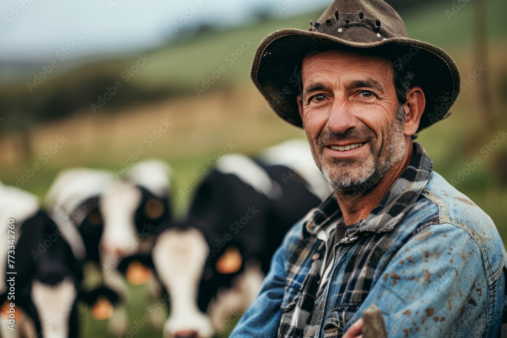 A man wearing a cowboy hat and a plaid shirt is sitting in front of a herd of cows. a farmer man in a field, cows background