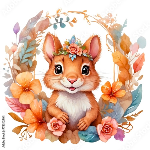 Watercolor illustration portrait of a cute adorable squirrel with flowers on isolated white background. 