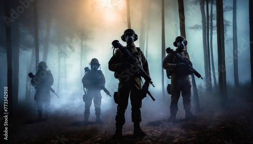 Silhouettes of soldiers wearing gas masks in a foggy dark forest. Generated with AI