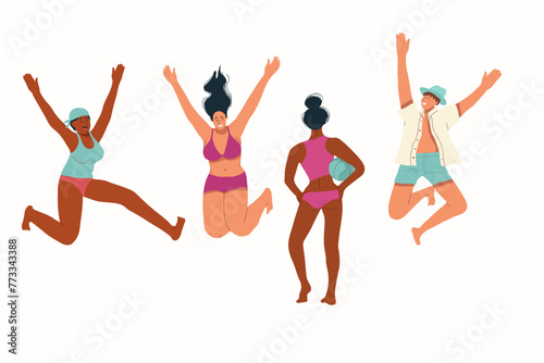 Girls and guys in swimsuits jumping around cheerfully and joyfully, happy with summer vacations. Excited active men and women with positive energy. 