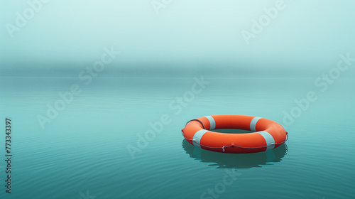 A life preserver floating in the middle of a calm lake with a white background