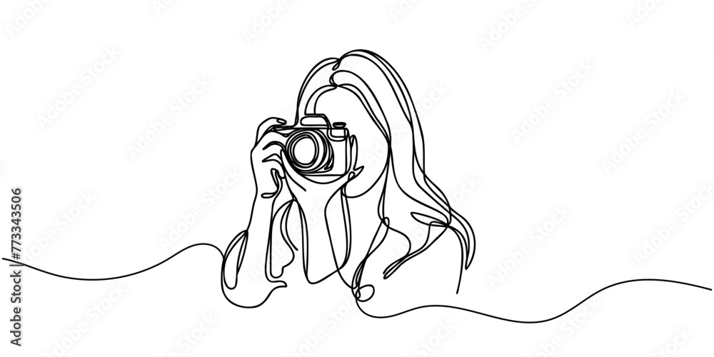 The girl takes pictures with the camera. One line is continuous. Vector illustration - obrazy, fototapety, plakaty 