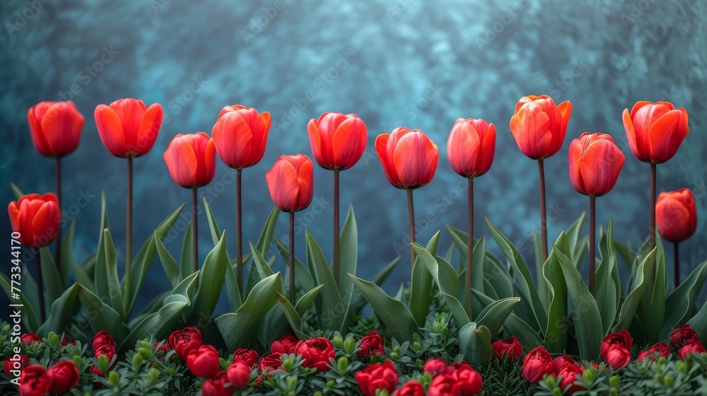 Obraz premium A row of red tulips with green leaves in front, a blue wall behind