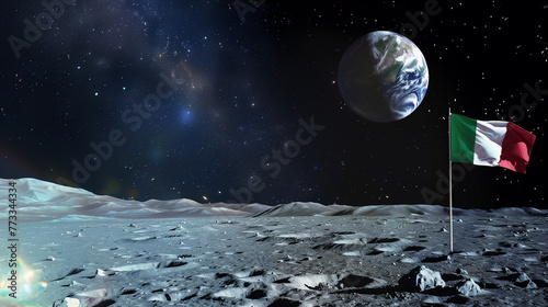 italian flag in space, earth view from the moon, italian flag on the moon, moon ground, with copy space