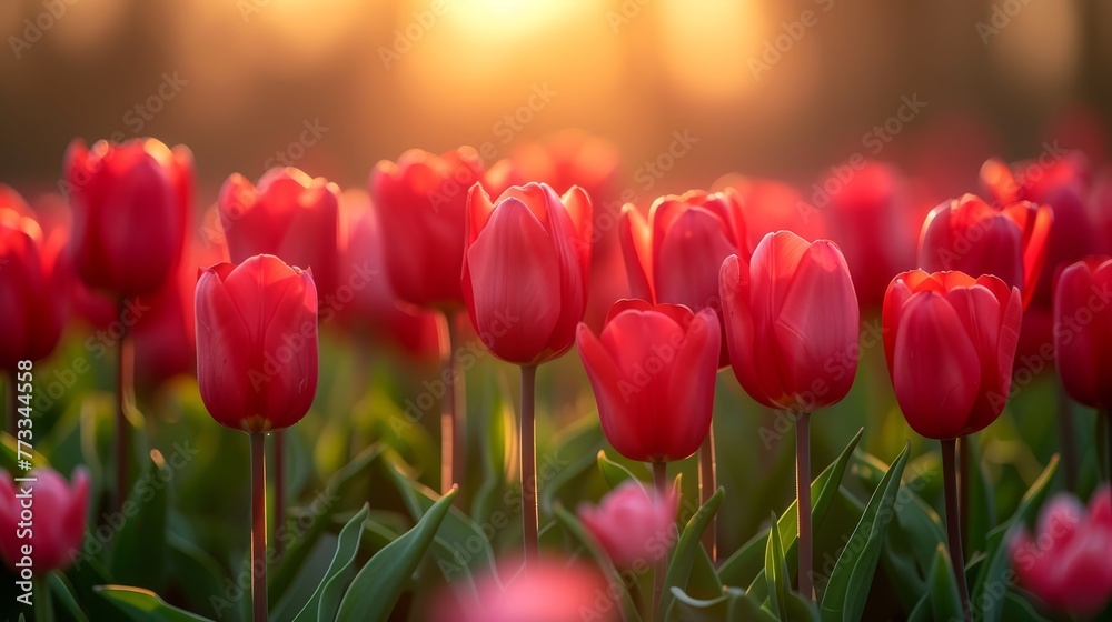   A red tulip field with the sun filtering through the tree branches
